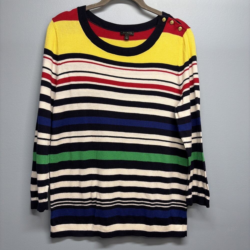 Talbots MultiColor Striped Crewneck Sweater w/Gold Buttons Large Preppy/Nautical